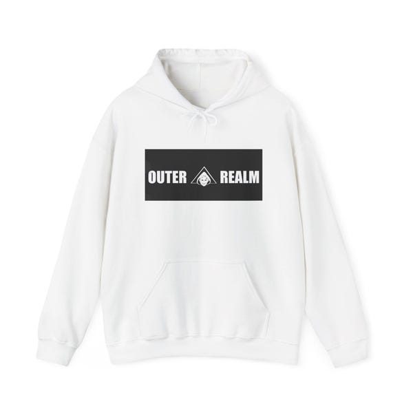 White hooded sweatshirt with the rectangular OUTER REALM logo block.