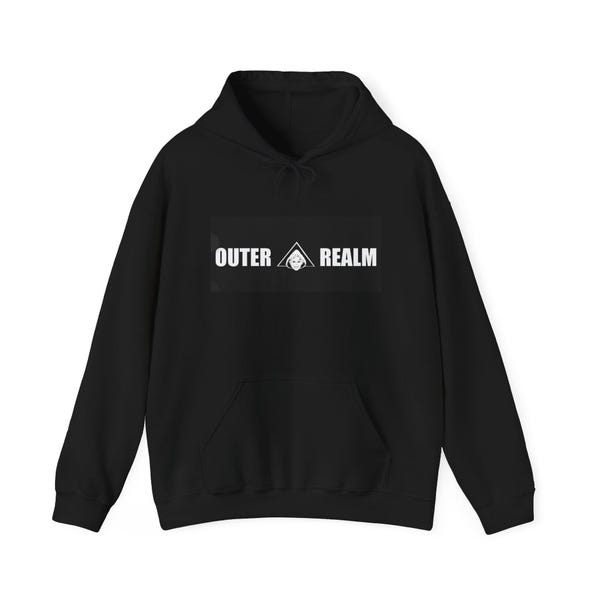Black hoodie with the rectangular OUTER REALM logo block across the chest.