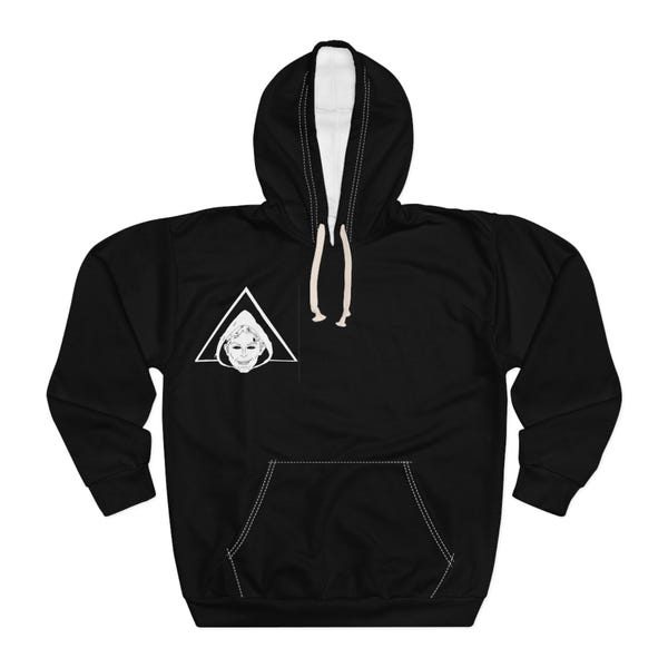 Black pullover hoodie with the small triangle face mark on the chest.