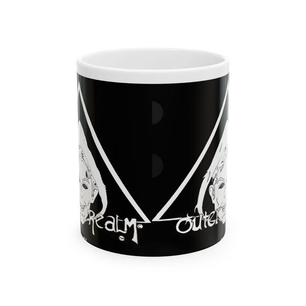 Black ceramic mug wrapped with the hooded skull triangle artwork.