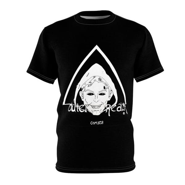Black all-over-print tee with the hooded Outer Realm face inside a white triangle.