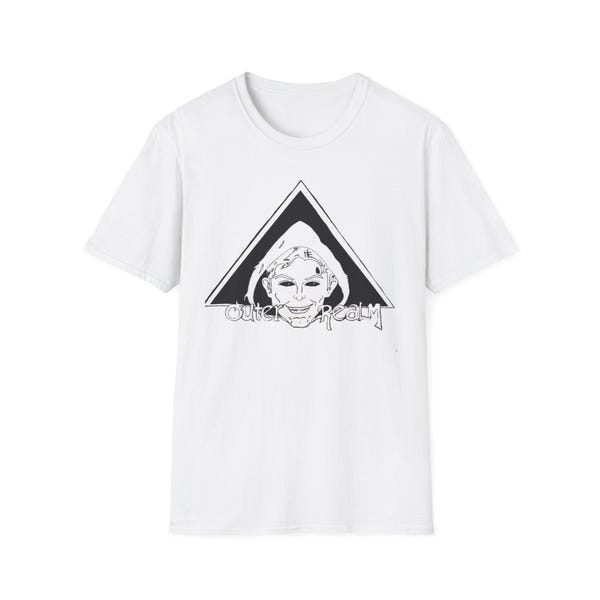 White tee with the hooded skull inside an inked triangle.